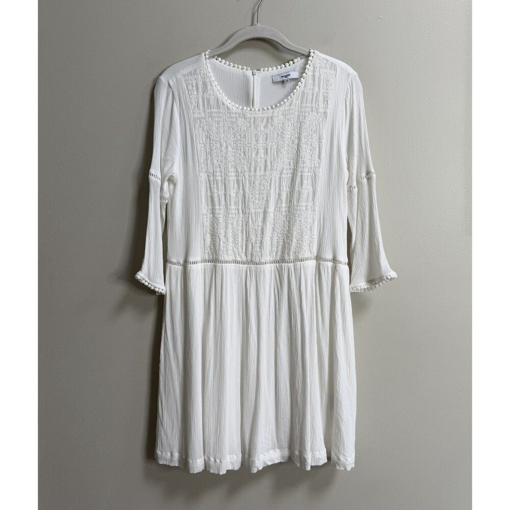 Suncoo Paris White Columbine A-Line Boho Peasant 3/4 Sleeve Mini Dress Large